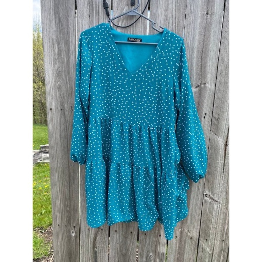 Fancyinn Teal Blue Polka Dot Tiered Mini Dress V-Neck Long Balloon Sleeve Large